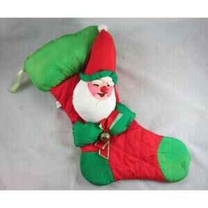 Stuffed Nylon Christmas Stocking 19" Quilted 3D Santa Jingle Bell Vintage